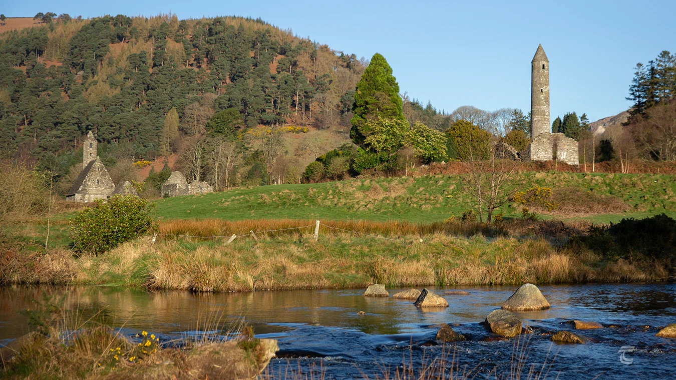 The round tower and lake valley at Glendalough